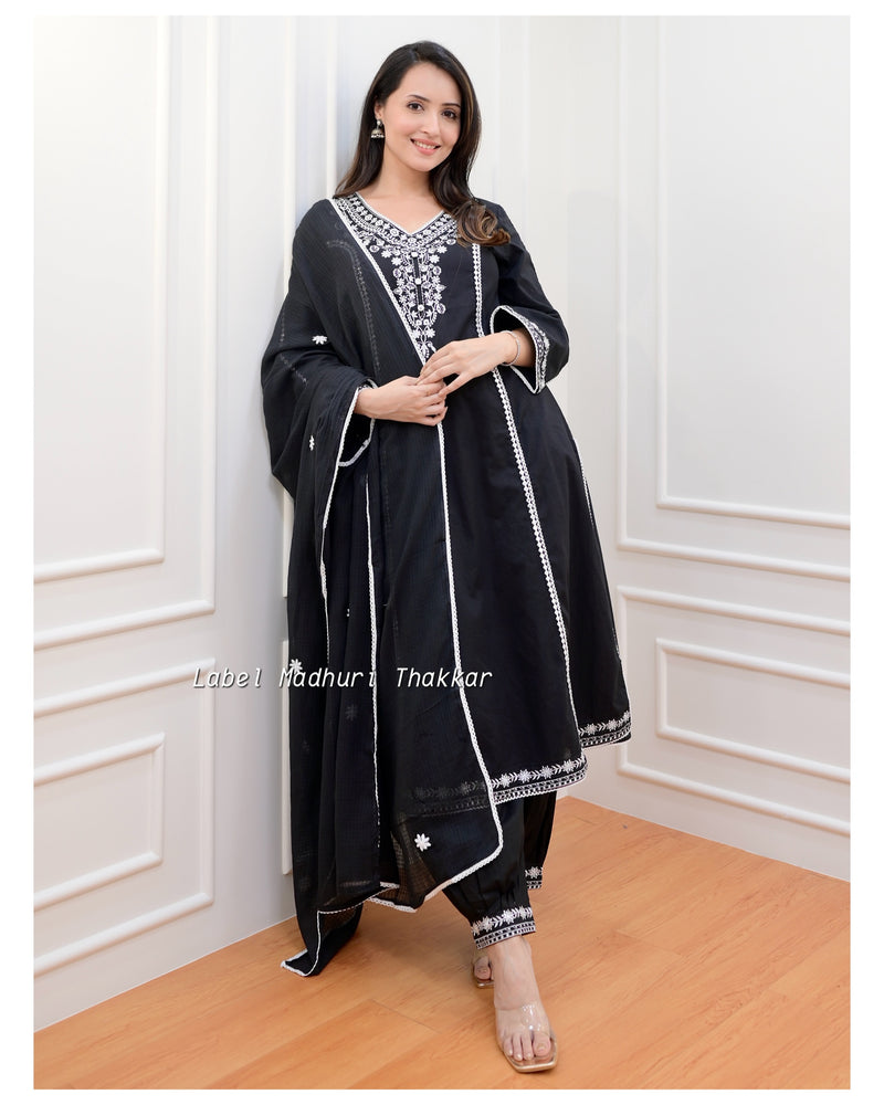 Black Threadwork A Line Afghani Suit