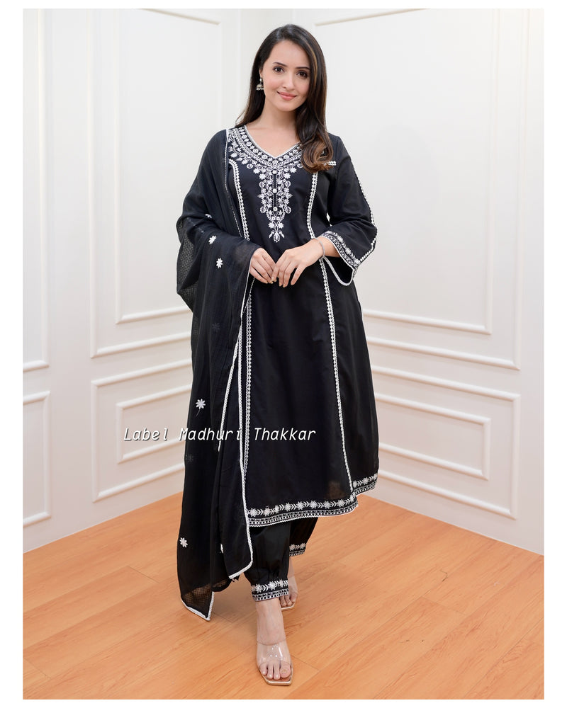 Black Threadwork A Line Afghani Suit