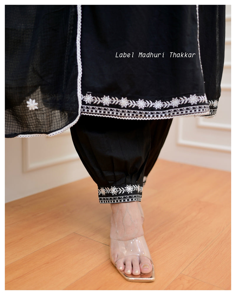 Black Threadwork A Line Afghani Suit
