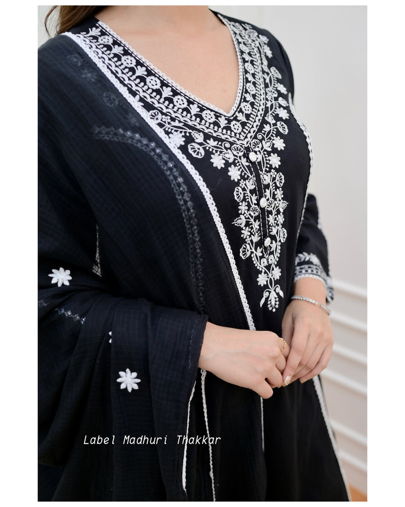 Black Threadwork A Line Afghani Suit