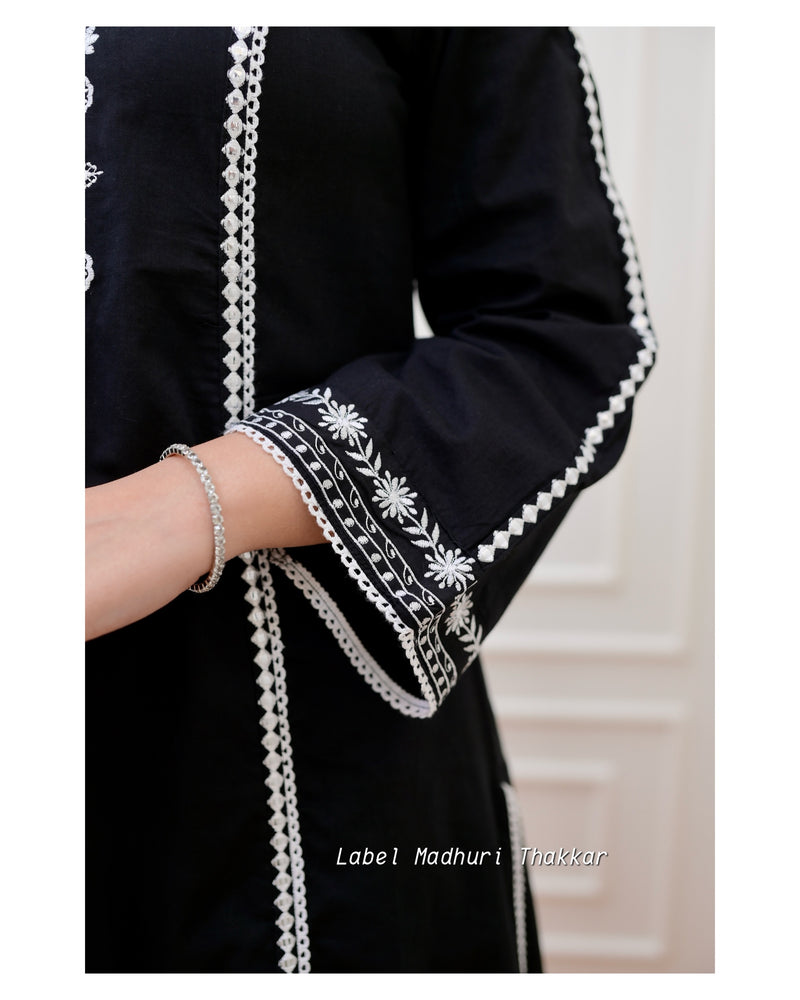 Black Threadwork A Line Afghani Suit