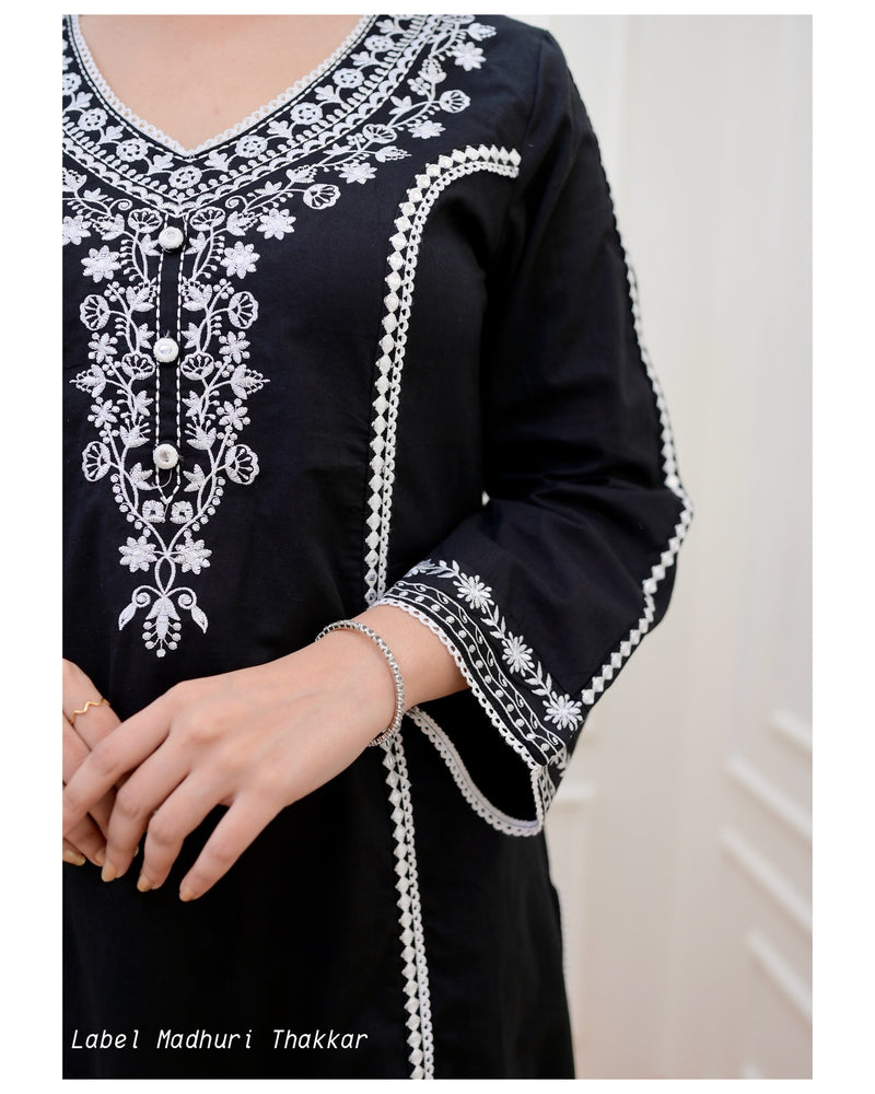 Black Threadwork A Line Afghani Suit