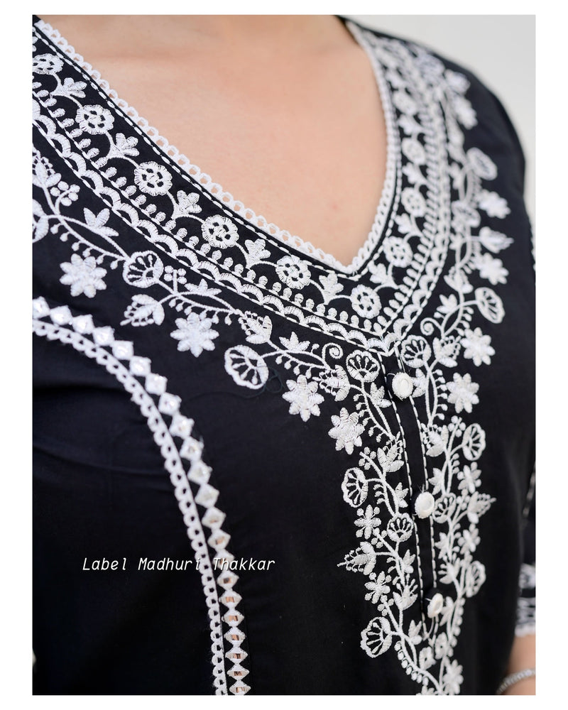 Black Threadwork A Line Afghani Suit