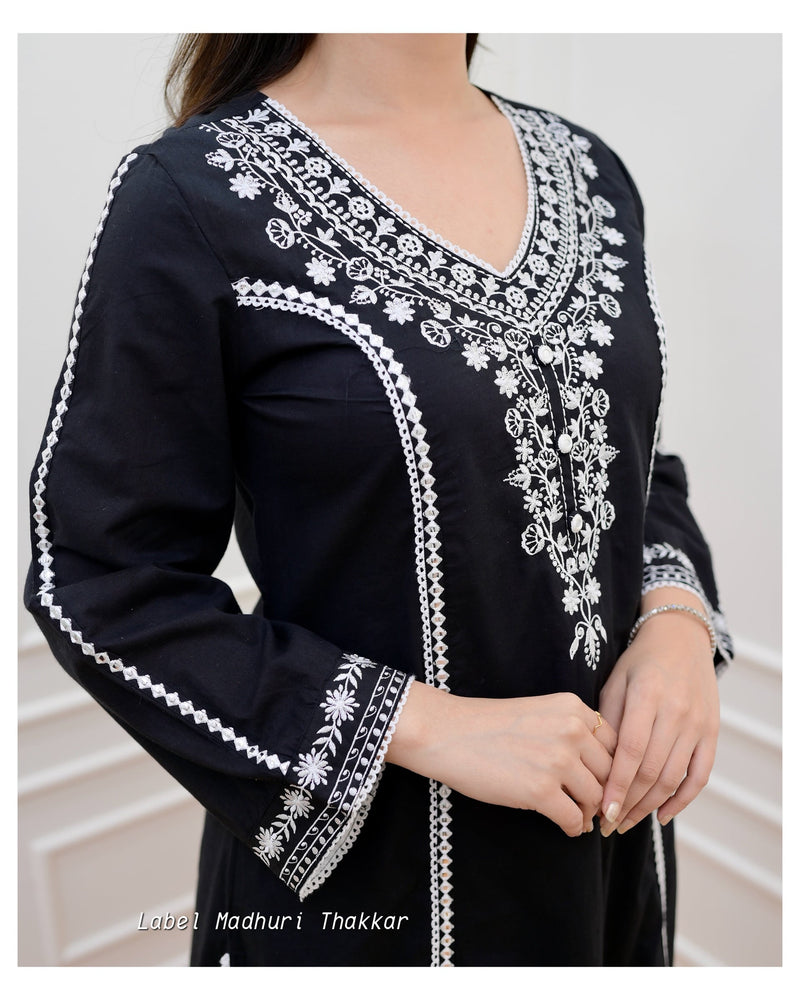Black Threadwork A Line Afghani Suit