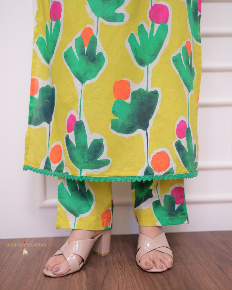 Yellow Green Floral Lace Cotton Kurta Set