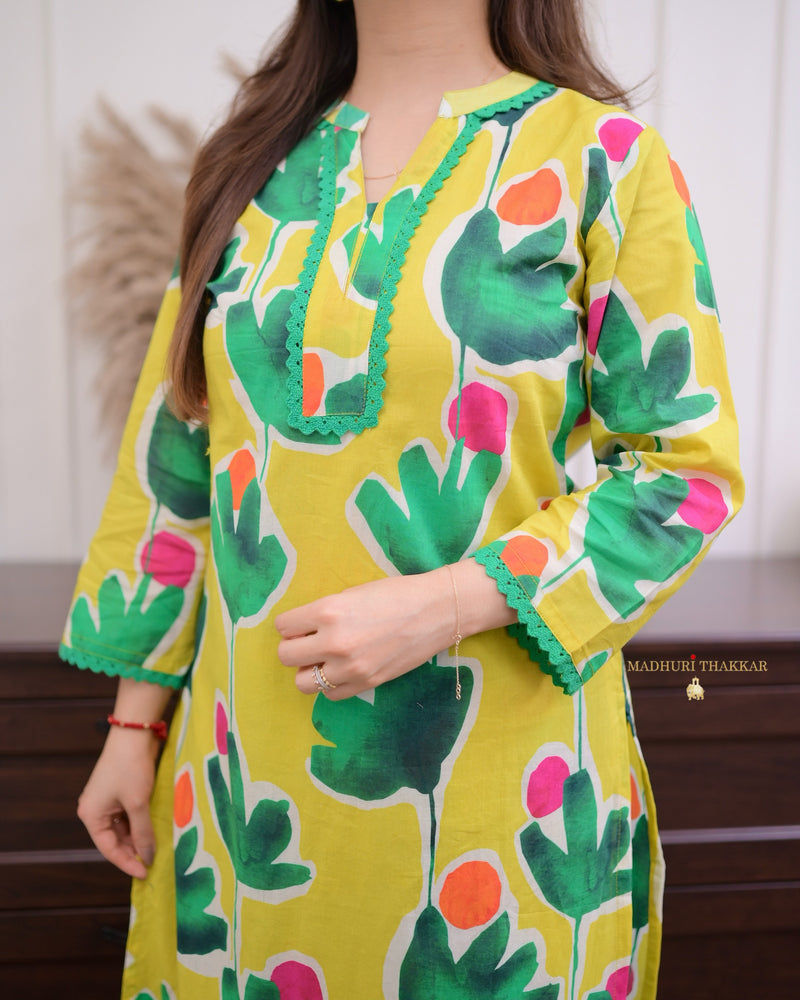Yellow Green Floral Lace Cotton Kurta Set