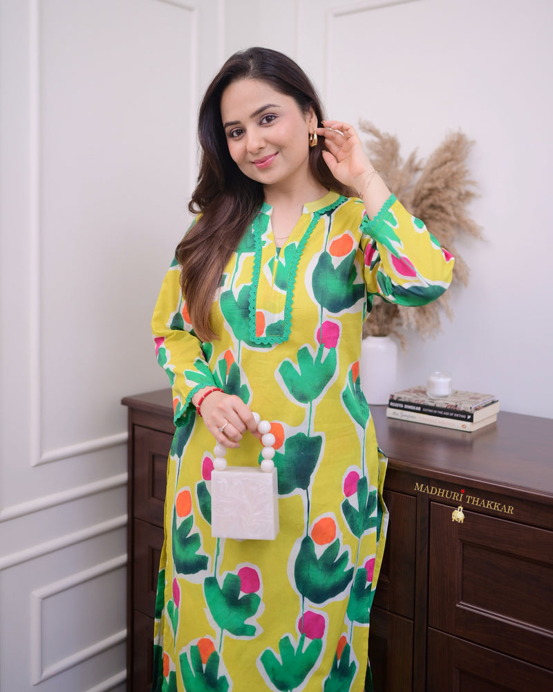 Yellow Green Floral Lace Cotton Kurta Set