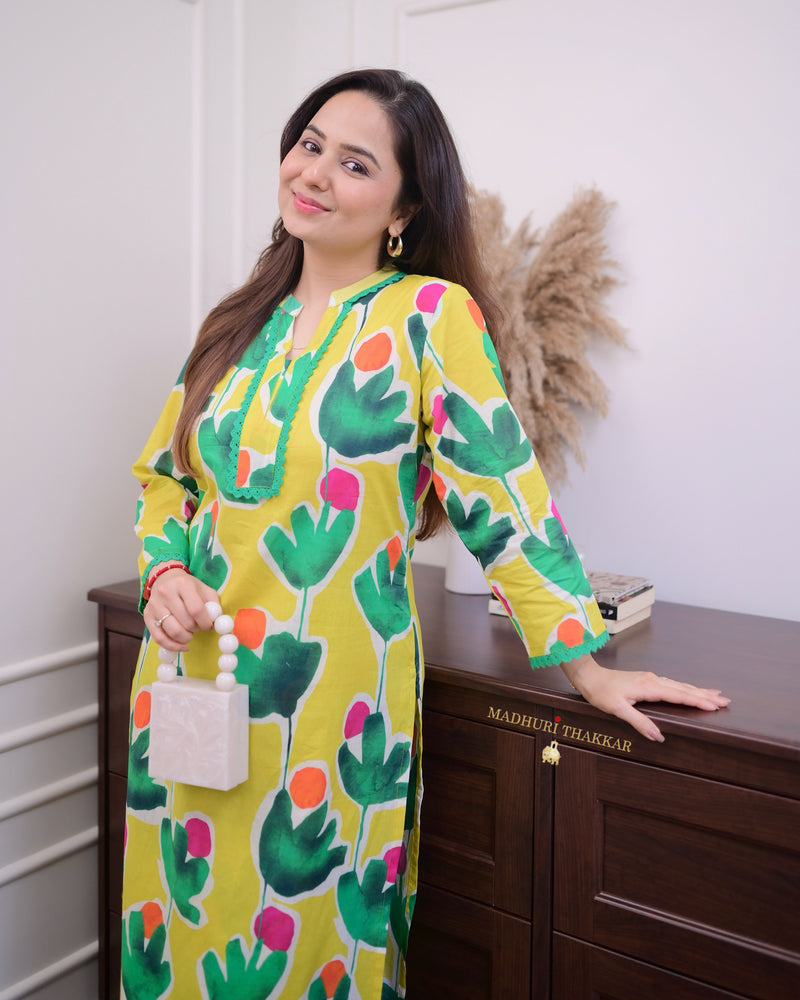 Yellow Green Floral Lace Cotton Kurta Set