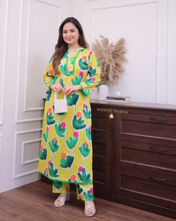 Yellow Green Floral Lace Cotton Kurta Set
