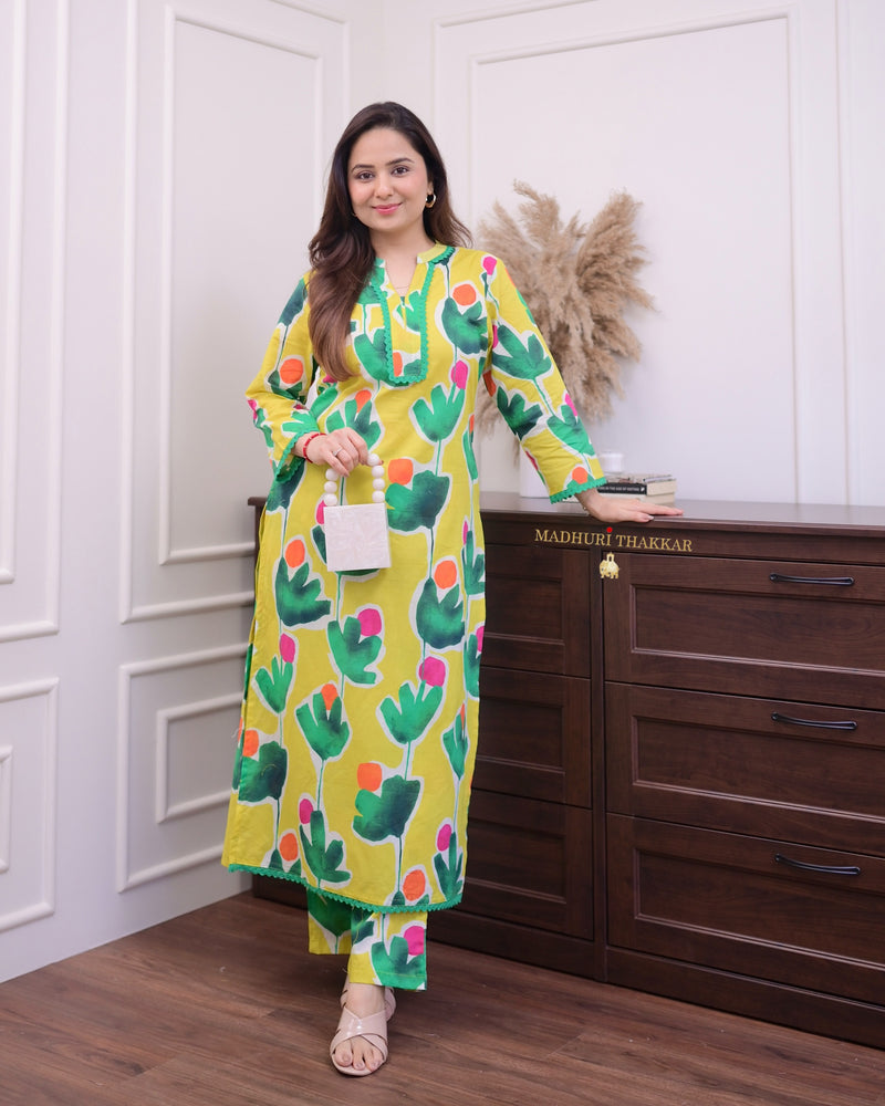 Yellow Green Floral Lace Cotton Kurta Set