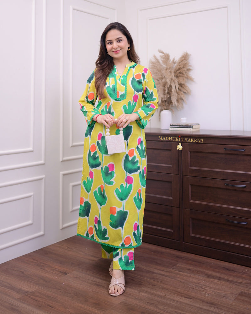 Yellow Green Floral Lace Cotton Kurta Set