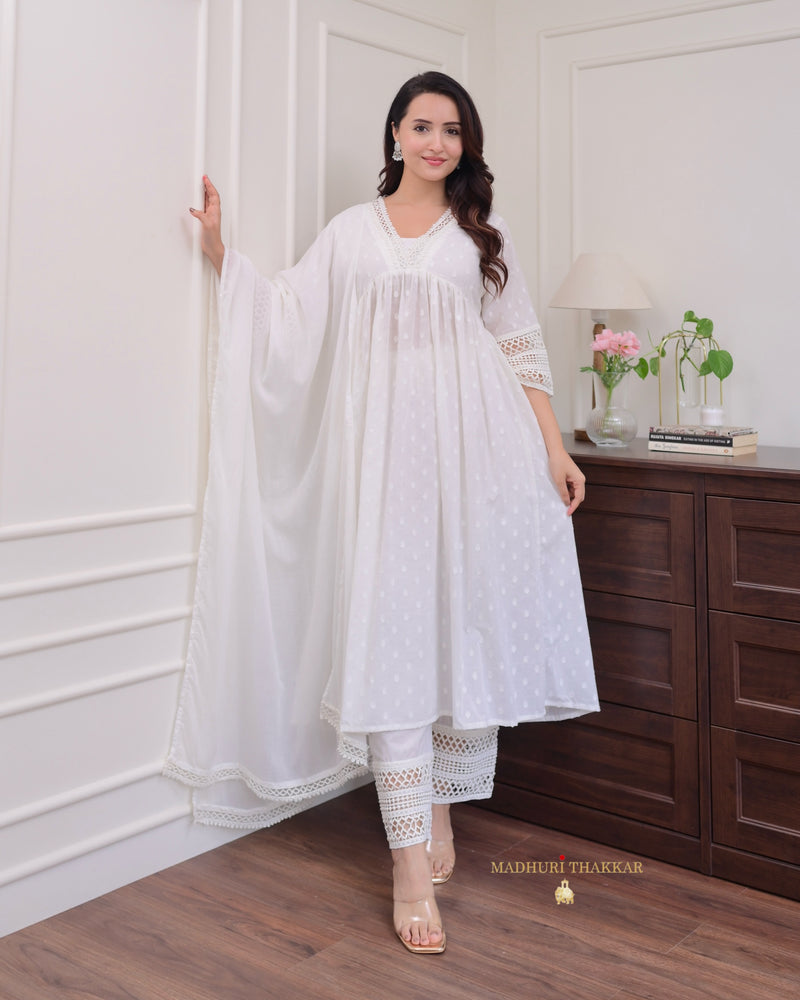 White 3 Piece Pure Mul Cotton Lace A Line Pakistani Suit Set For Women Label Madhuri Thakkar White 3 Piece Pure Mul Cotton Lace A Line Pakistani Suit Set For Women Label Madhuri Thakkar