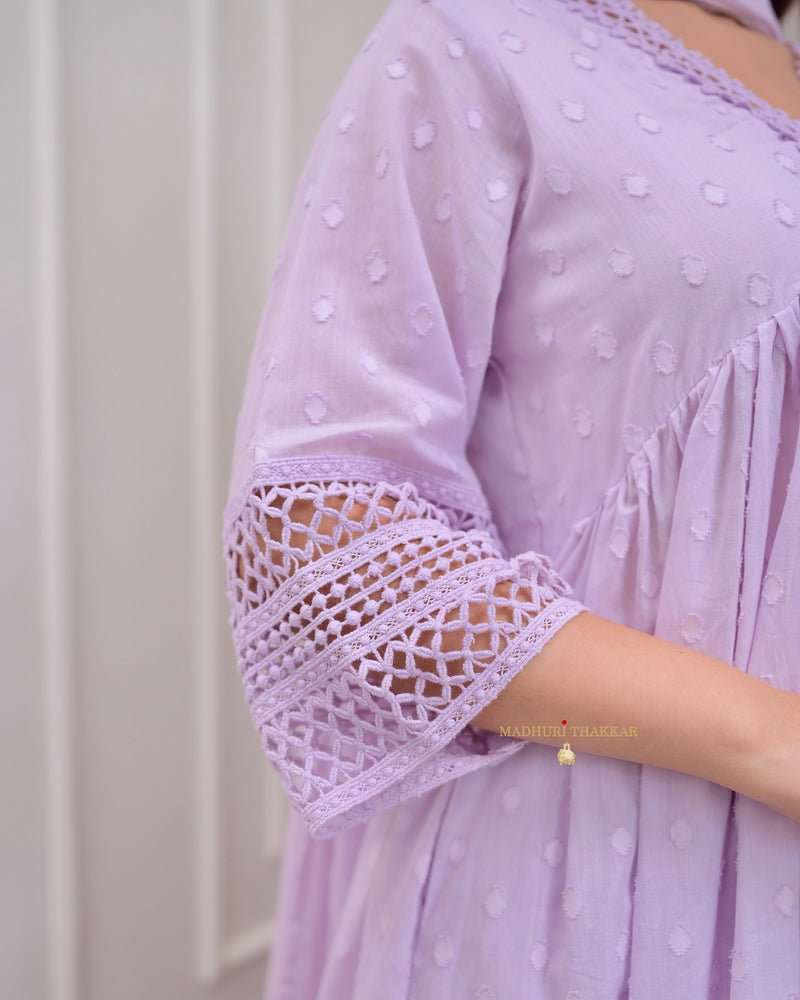 Lilac 3 Piece Pure Mul Cotton Lace A Line Pakistani Suit Set For Women Label Madhuri Thakkar Lilac 3 Piece Pure Mul Cotton Lace A Line Pakistani Suit Set For Women Label Madhuri Thakkar