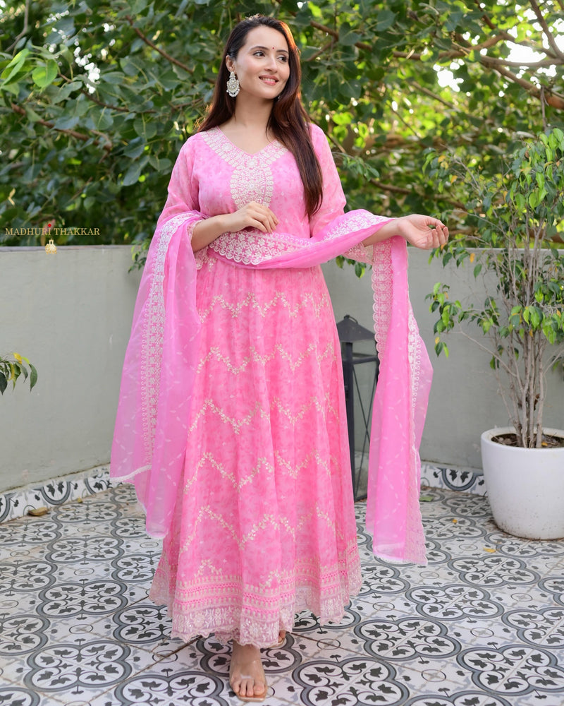 Baby Pink Threadwork Organza Anarkali