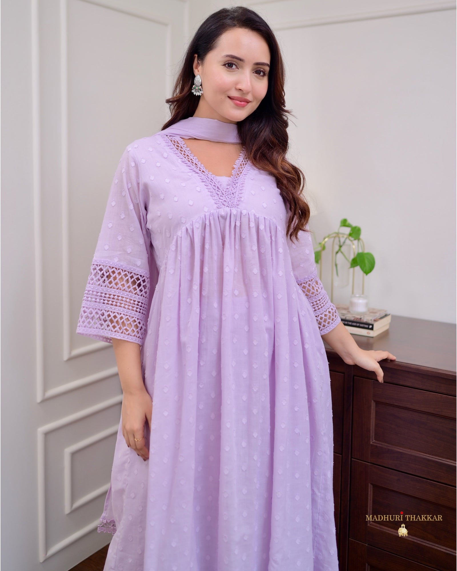 Lilac 3 Piece Pure Mul Cotton Lace A Line Pakistani Suit Set For