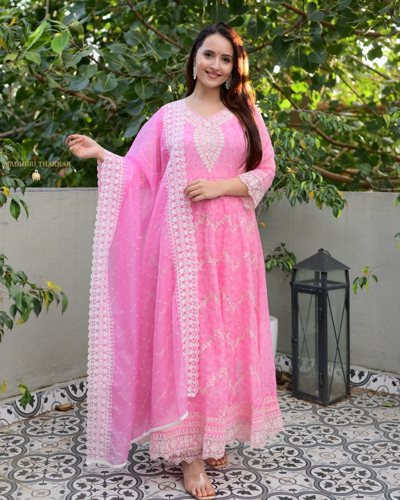 Baby Pink Threadwork Organza Anarkali