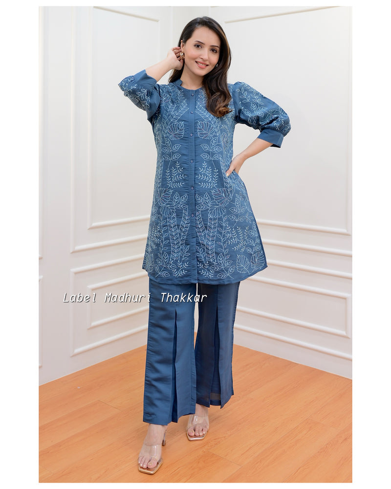 Teal Blue Chanderi Handwork Co-ord