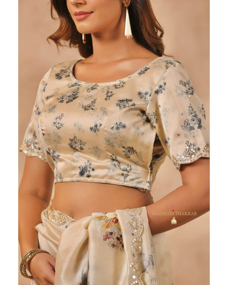 Beige Floral Tussar Saree With Mirror and Aari Work