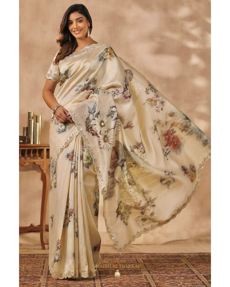 Beige Floral Tussar Saree With Mirror and Aari Work