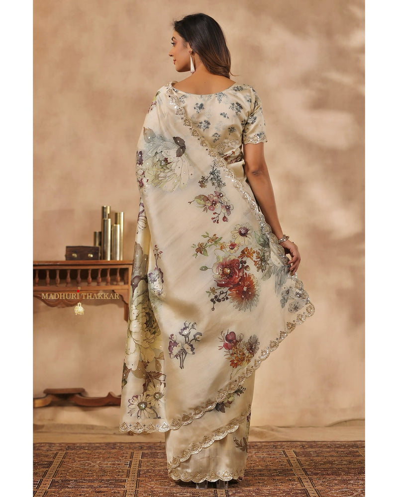 Beige Floral Tussar Saree With Mirror and Aari Work