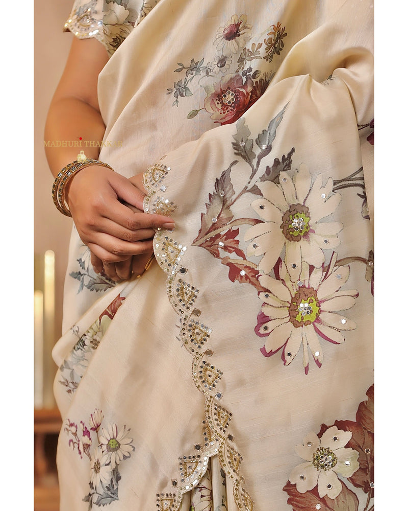 Beige Floral Tussar Saree With Mirror and Aari Work