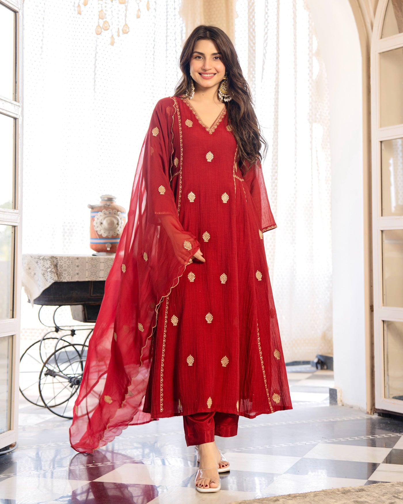 Scarlet Sheesh Mahal Mul Chanderi A Line Suit