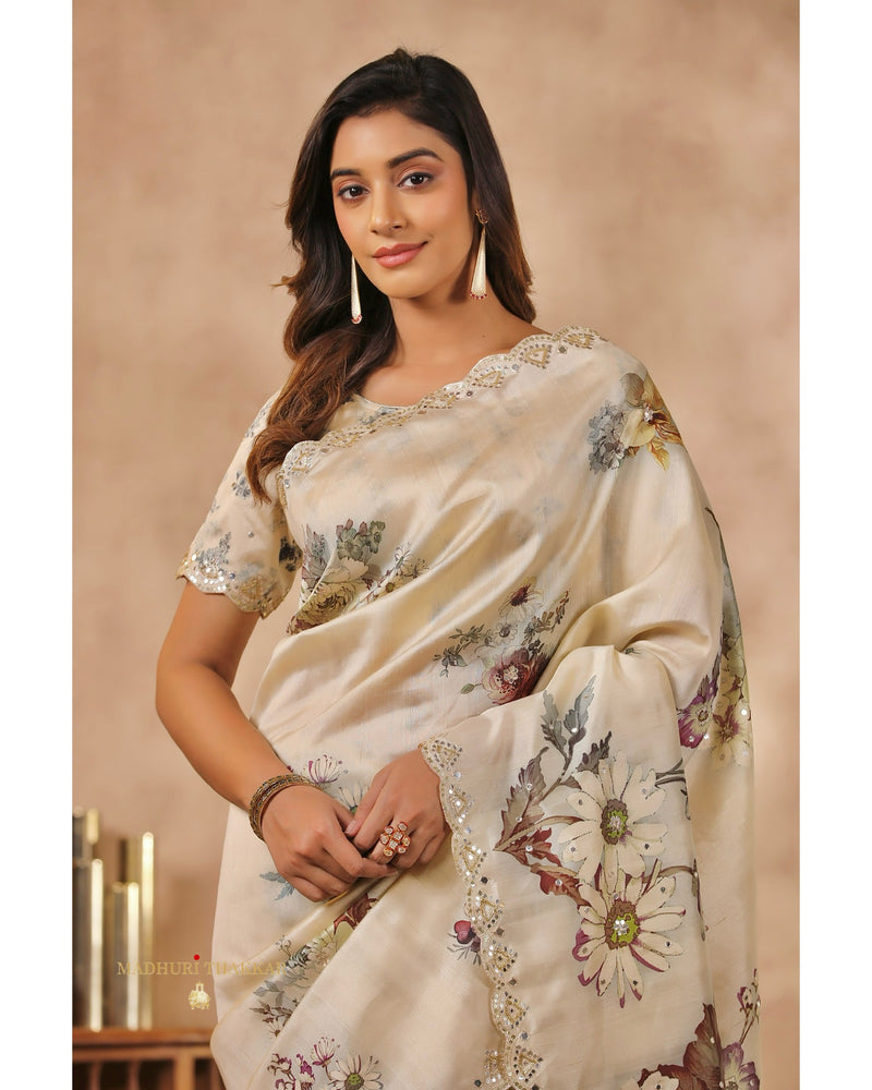 Beige Floral Tussar Saree With Mirror and Aari Work