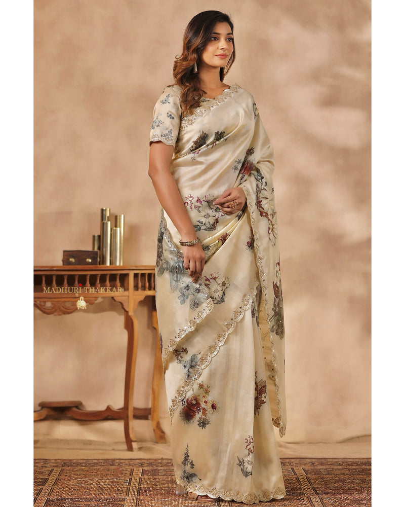 Beige Floral Tussar Saree With Mirror and Aari Work