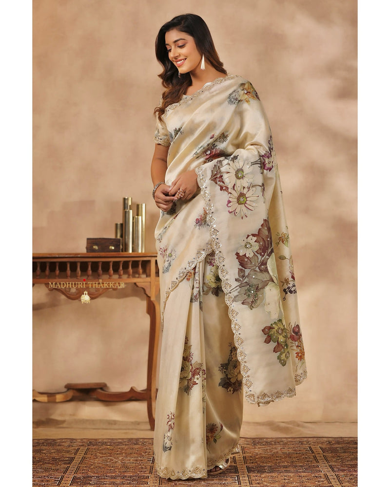 Beige Floral Tussar Saree With Mirror and Aari Work