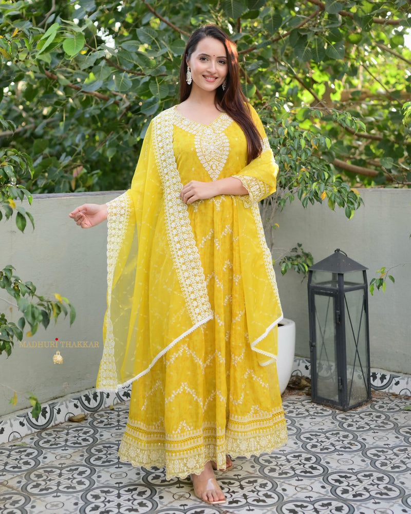 Yellow Threadwork Organza Anarkali