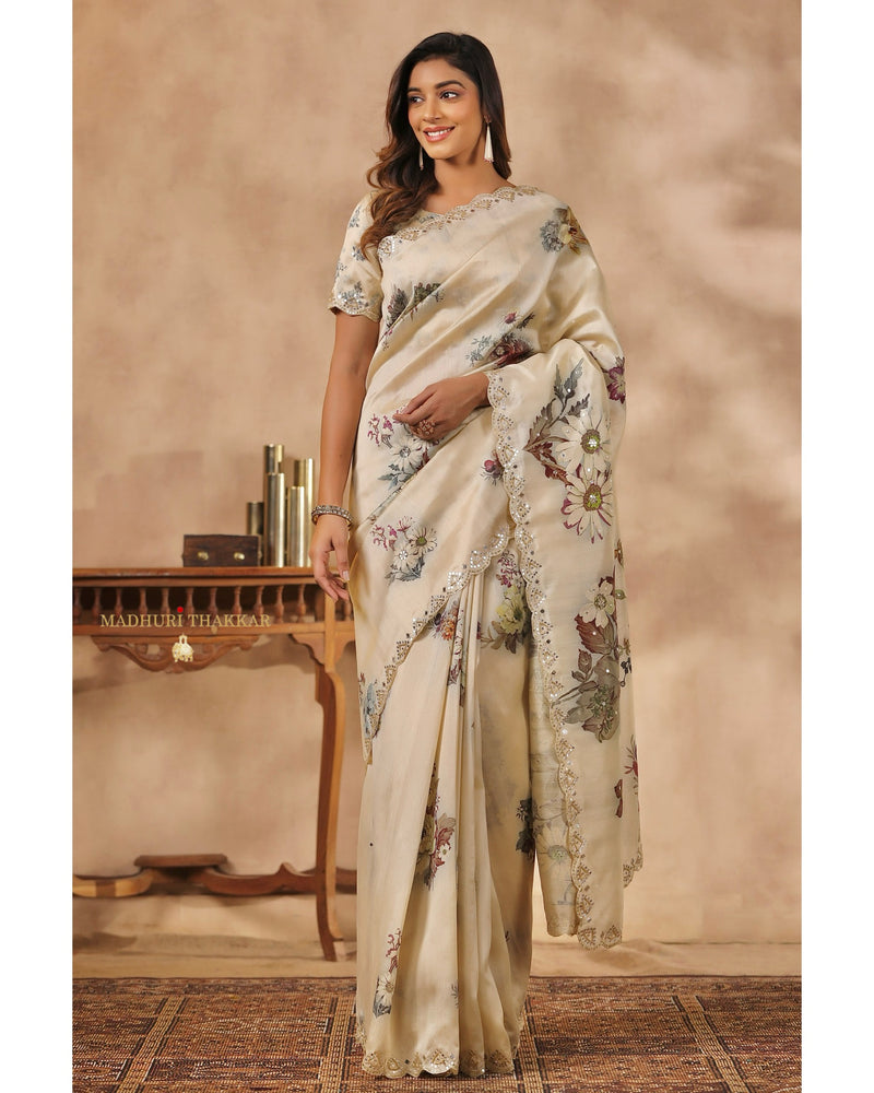 Beige Floral Tussar Saree With Mirror and Aari Work