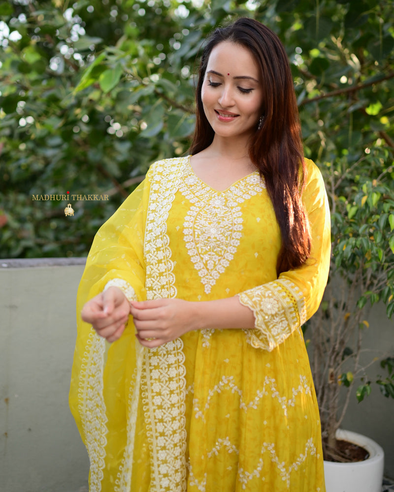 Yellow Threadwork Organza Anarkali