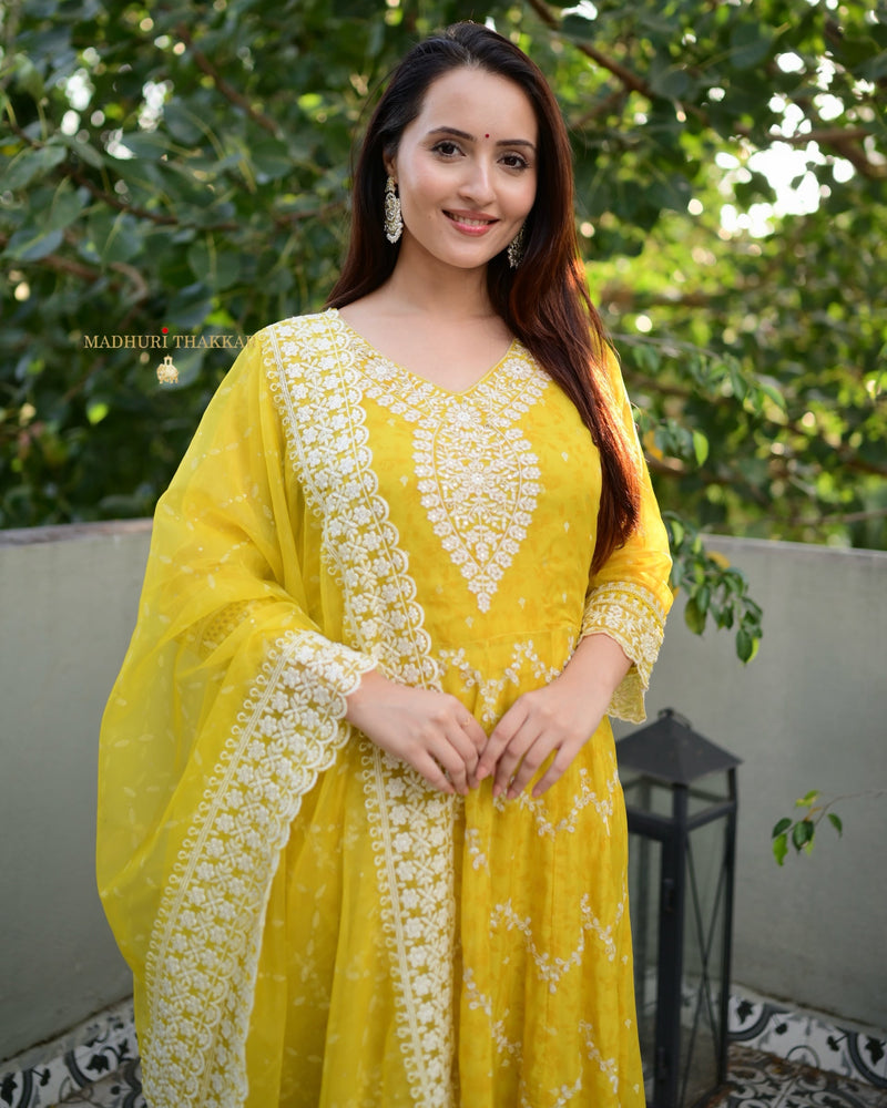 Yellow Threadwork Organza Anarkali