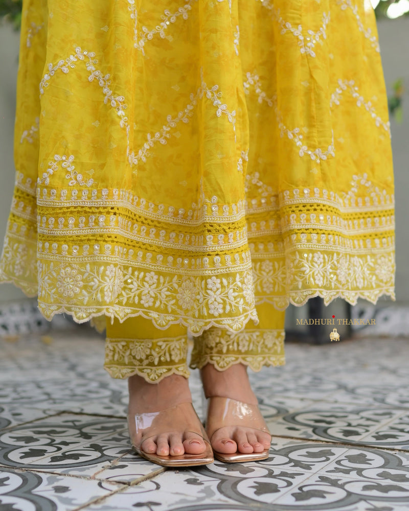 Yellow Threadwork Organza Anarkali