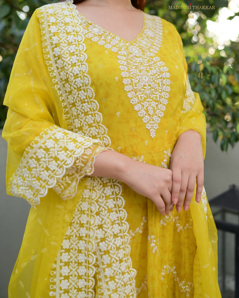 Yellow Threadwork Organza Anarkali