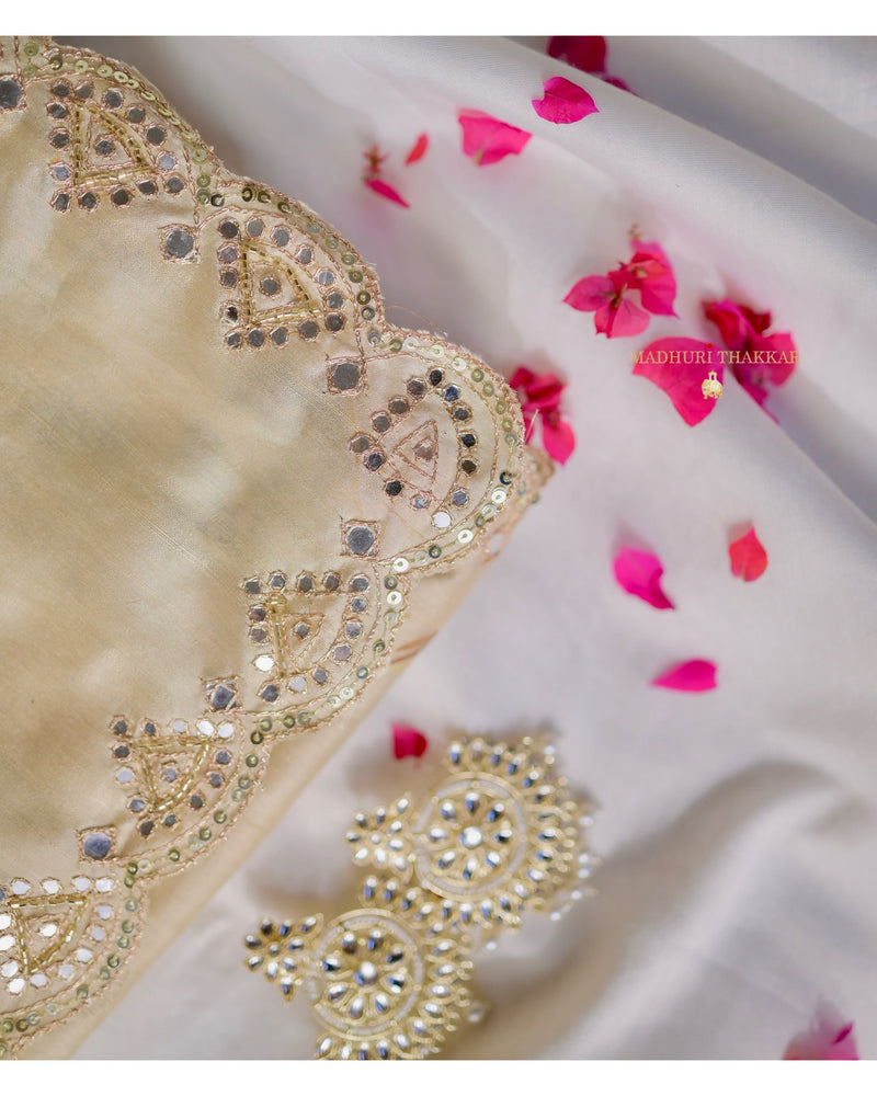 Beige Floral Tussar Saree With Mirror and Aari Work