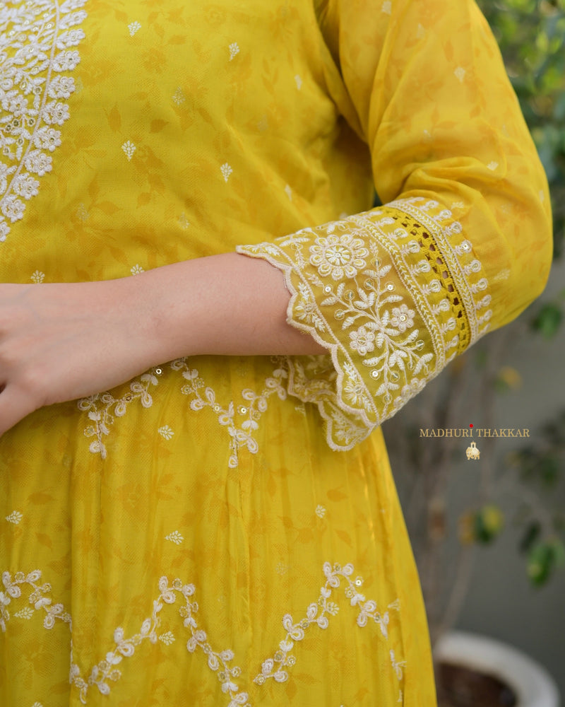 Yellow Threadwork Organza Anarkali