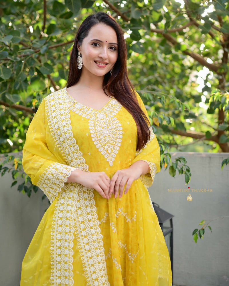 Yellow Threadwork Organza Anarkali