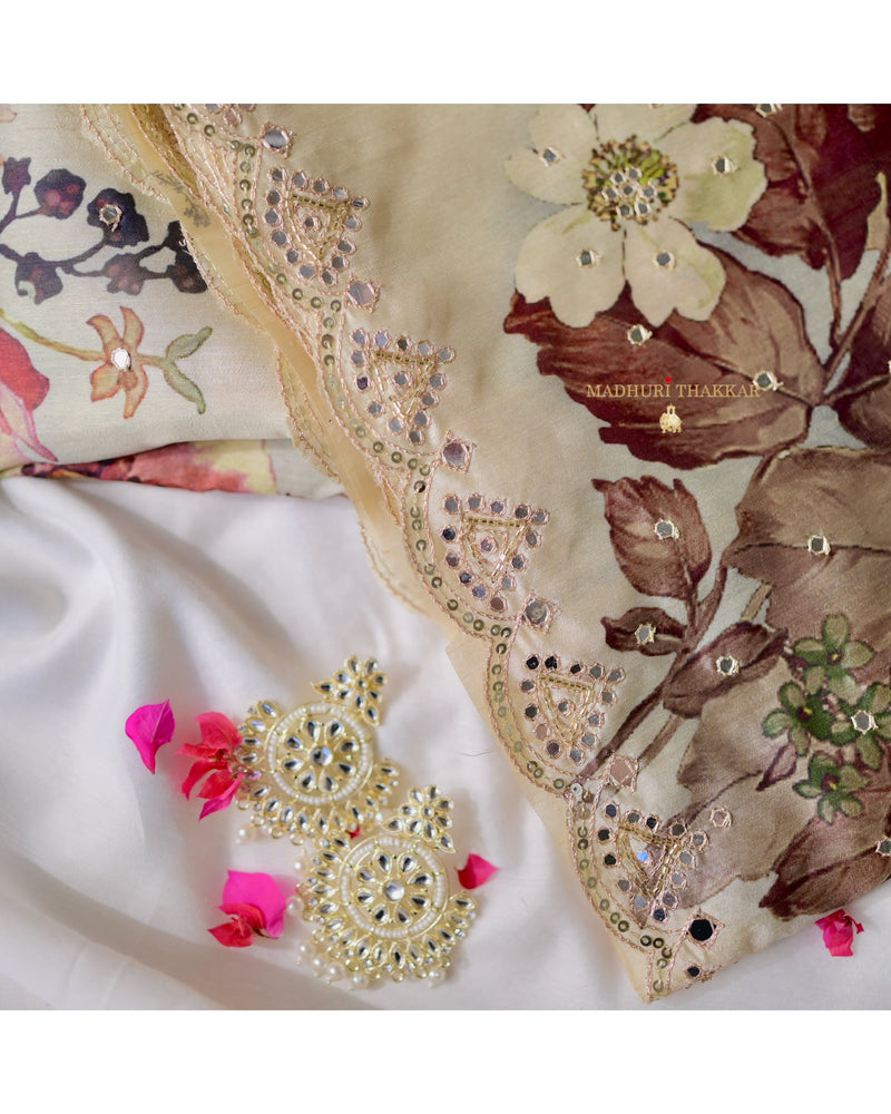 Beige Floral Tussar Saree With Mirror and Aari Work