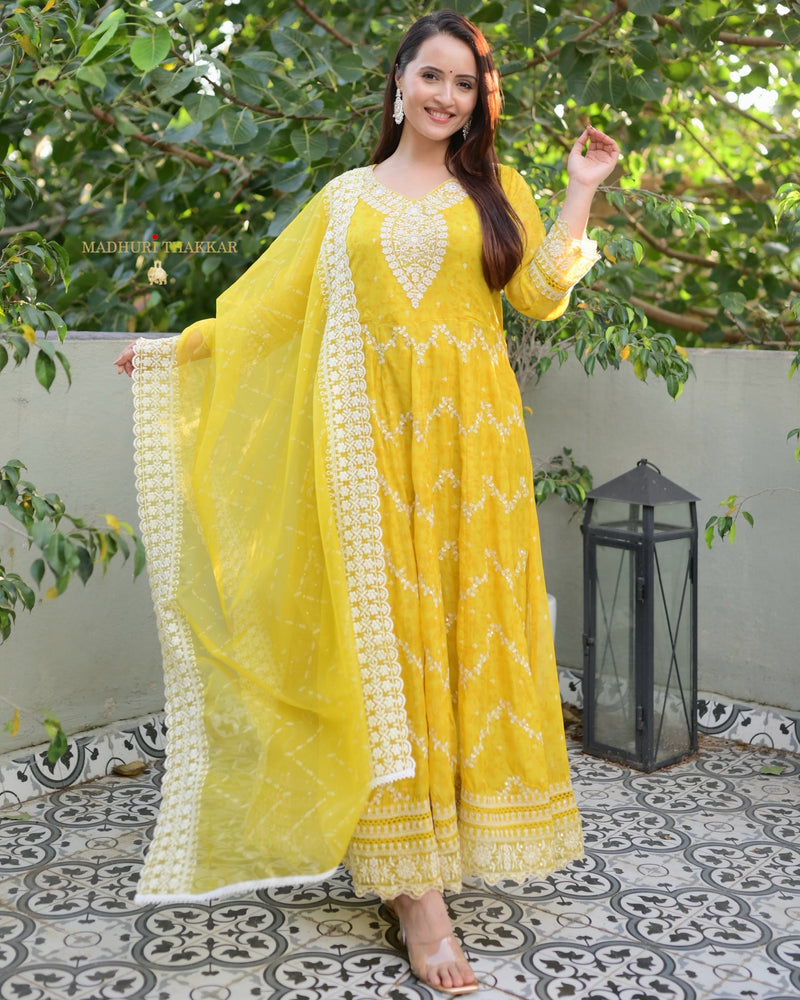 Yellow Threadwork Organza Anarkali