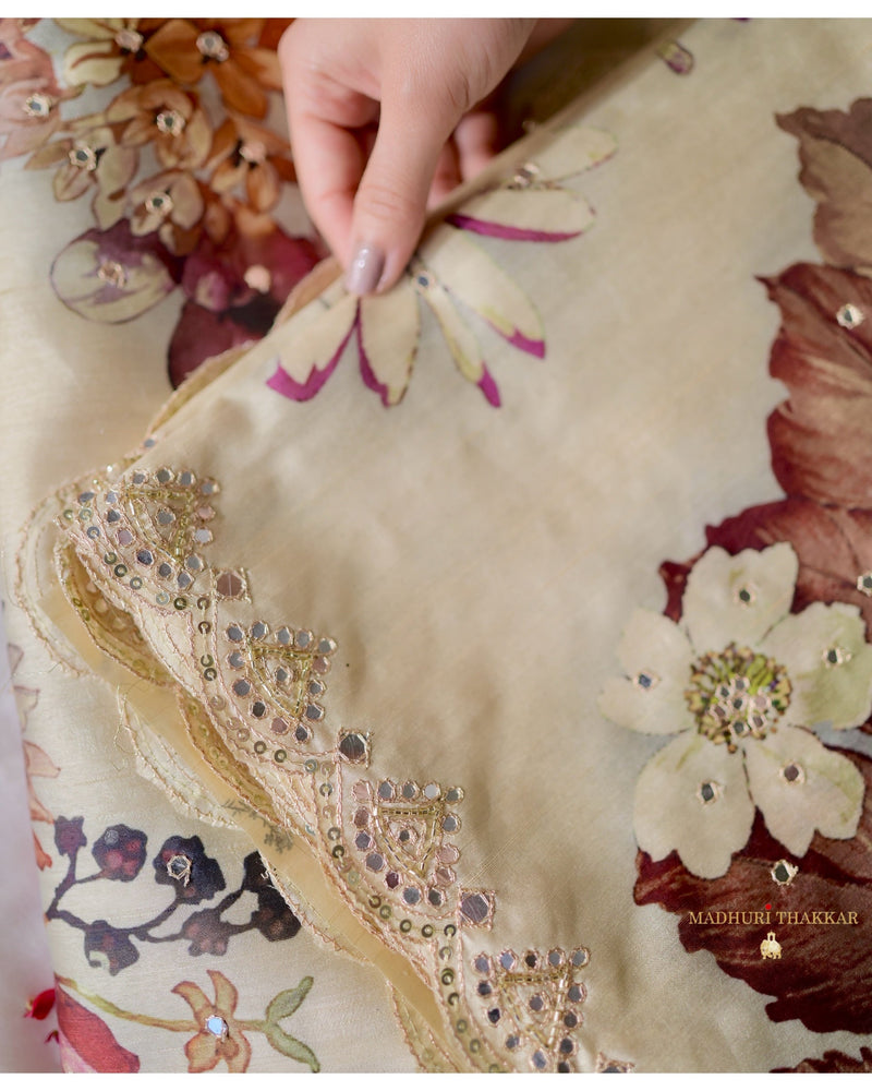 Beige Floral Tussar Saree With Mirror and Aari Work