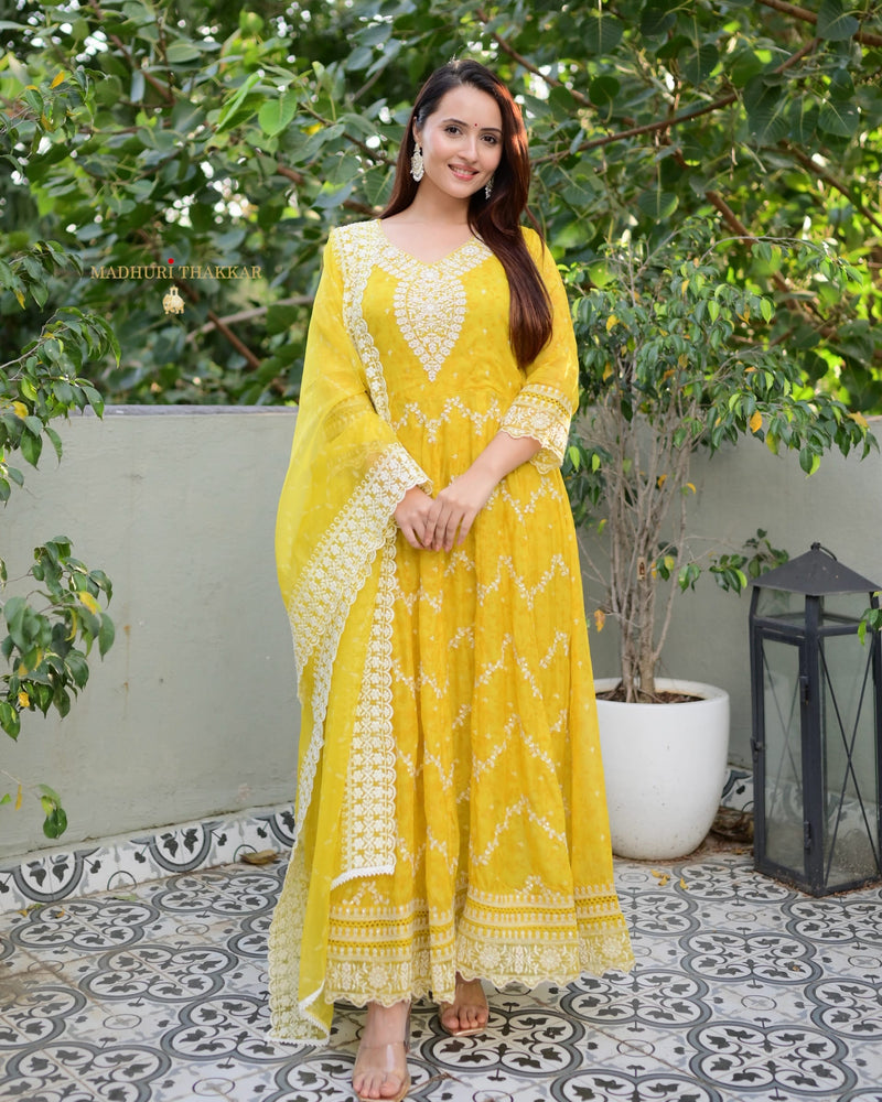 Yellow Threadwork Organza Anarkali