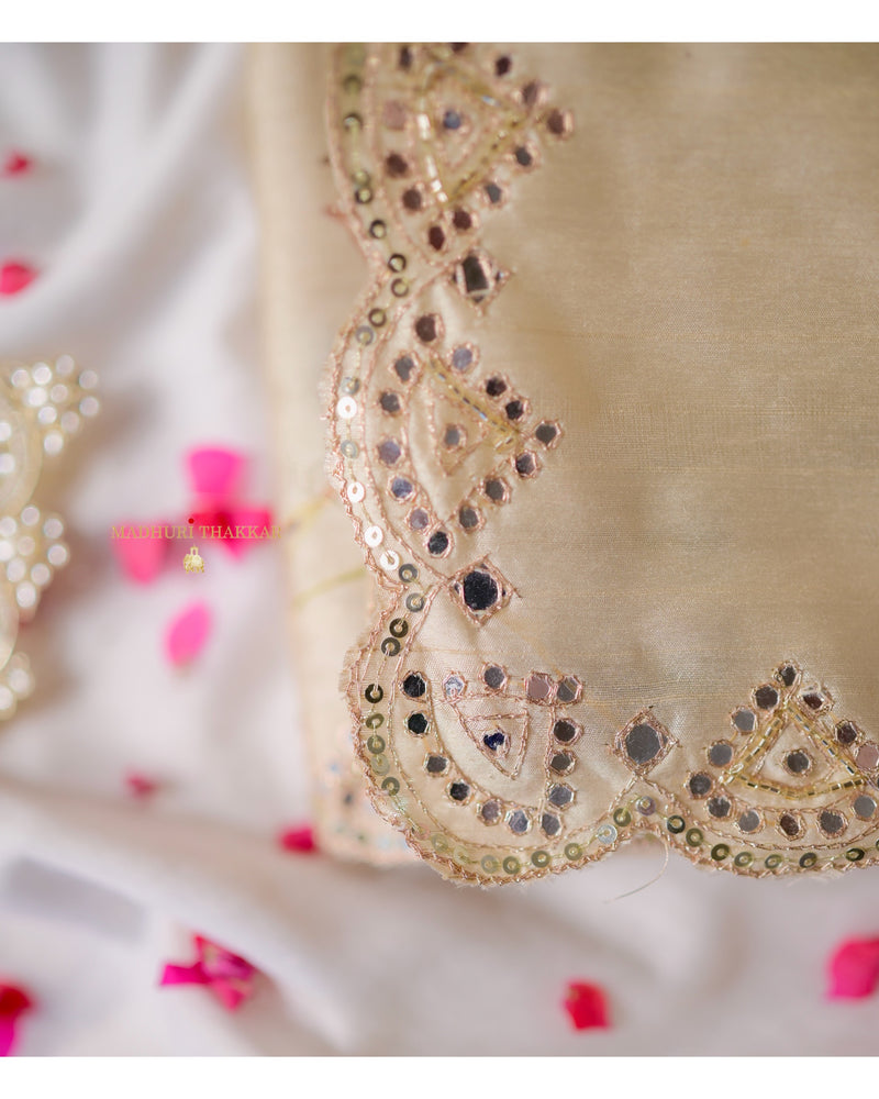Beige Floral Tussar Saree With Mirror and Aari Work