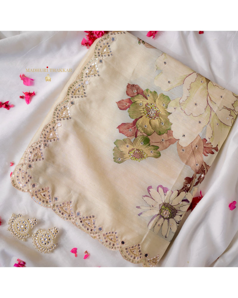 Beige Floral Tussar Saree With Mirror and Aari Work
