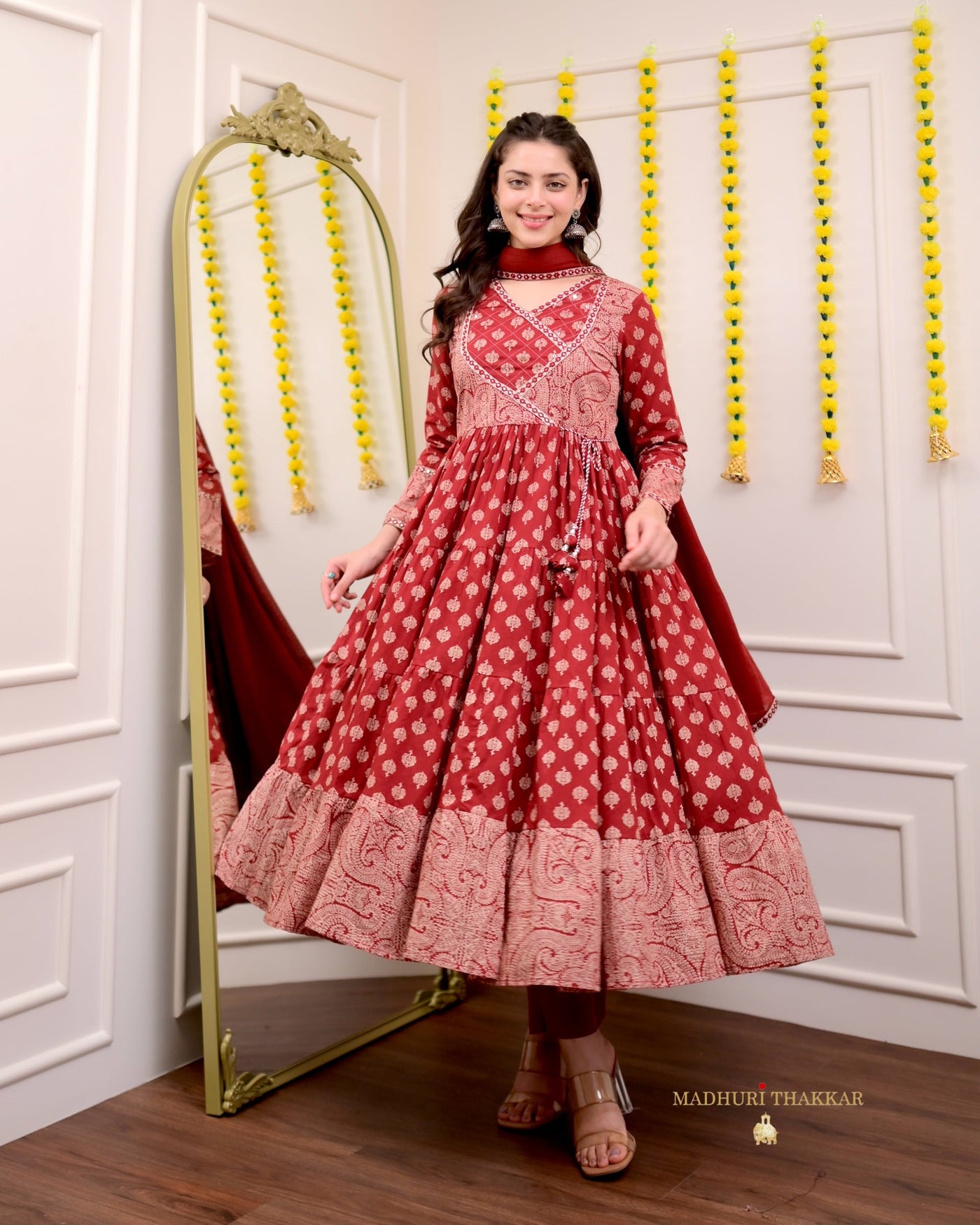 Maroon Red 3 PC Pure Cotton Printed Flared Anarkali Suit Set For Women Label Madhuri Thakkar Maroon Red 3 PC Pure Cotton Printed Flared Anarkali Suit Set For Women Label Madhuri Thakkar