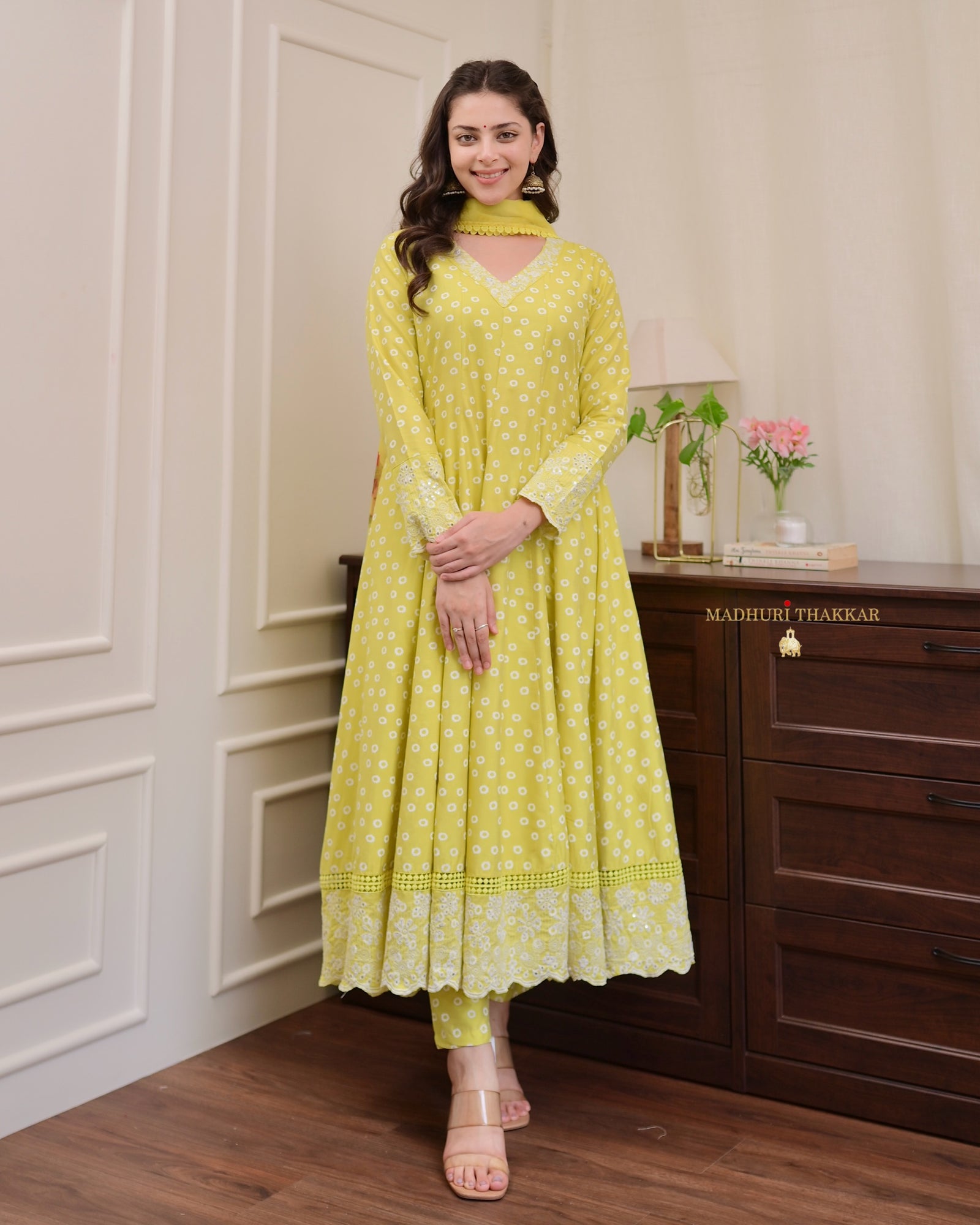 Yellow 3 PC Premium Cotton Flared Printed Anarkali Suit Set For Women –  Label Madhuri Thakkar