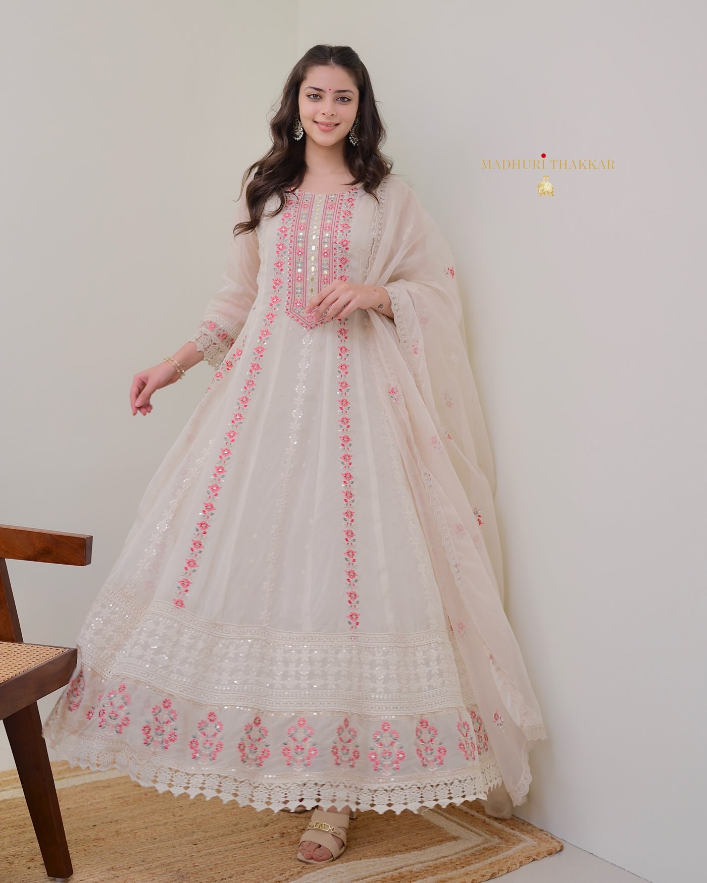 Ivory Hand Embroidered 3 PC Pure Organza Anarkali Suit Set For Women   Label Madhuri Thakkar