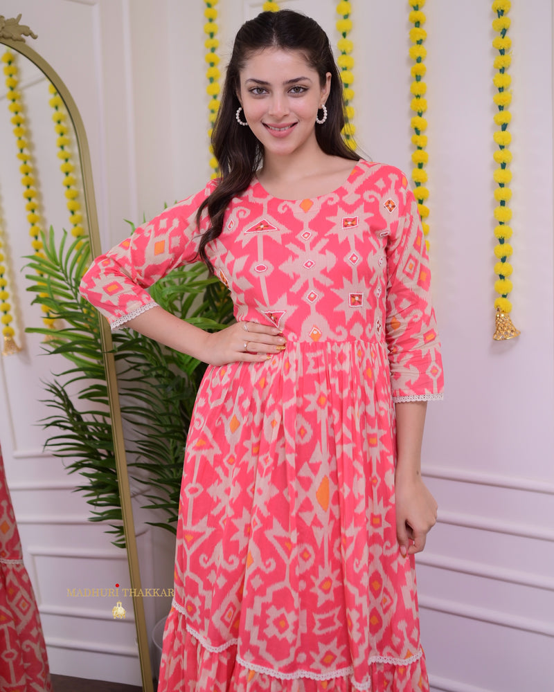 Peach Handwork Mul Cotton A Line Maxi Dress