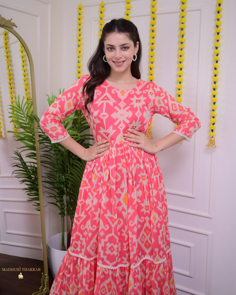 Peach Handwork Mul Cotton A Line Maxi Dress
