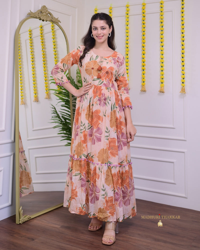 Tropical Peach Pearlwork Mul Cotton A Line Maxi Dress